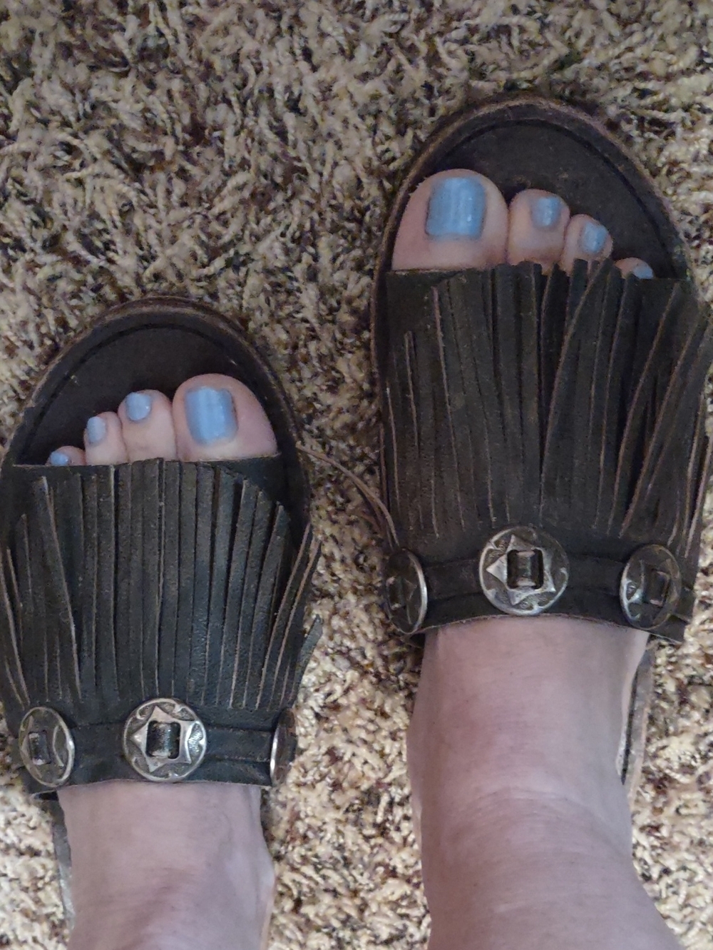DIEGO DI LUCCA Handmade Fringed Brown Slip-On Mules with Concho Detail